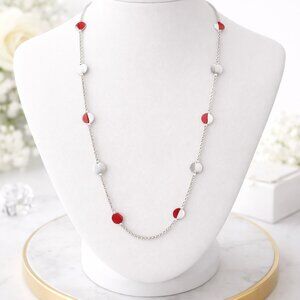 Long Silver Tone Chain Necklace with Red & Clear Beads